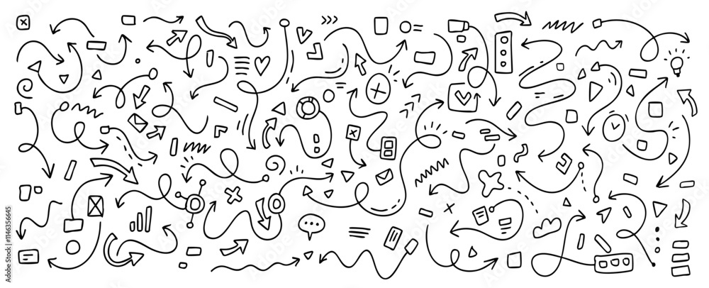 Obraz premium Vector business illustration of set of simple different line shape brush arrow on white background. Flat sketch hand drawn doodle style of collection of various marker abstract black shape element