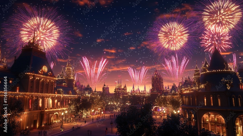 Fototapeta premium Golden 2025 with festive fireworks lighting up the night sky