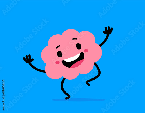 Vector cartoon illustration of cute happy brain character with open mouth on blue color background. Flat doodle style design of smile brain walk with wave hand