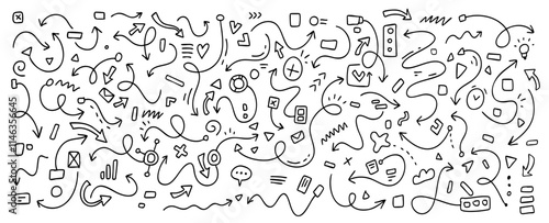 Vector business illustration of set of simple different line shape brush arrow on white background. Flat sketch hand drawn doodle style of collection of various marker abstract black shape element