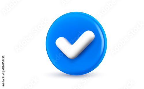 Vector realistic illustration of blue circle with tick on white background. 3d cartoon style design of checklist tick, done check mark. Business checkmark icon. Symbol of correct and right choose