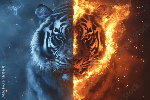 Fiery Tiger Divided Between Ice and Flame photo