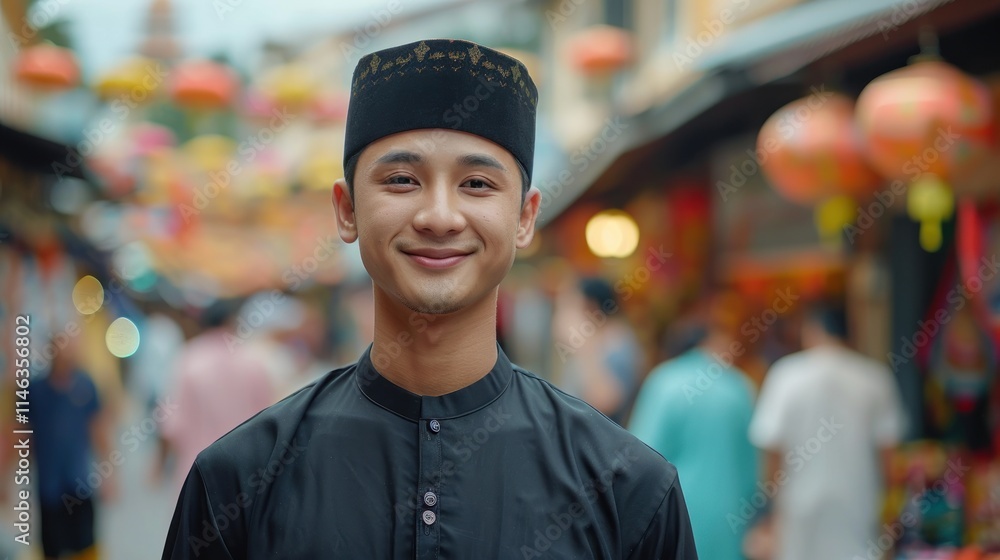 Smiling Asian man in traditional clothing in a bustling market. Smiling Asian man in traditional clothing in a bustling market.