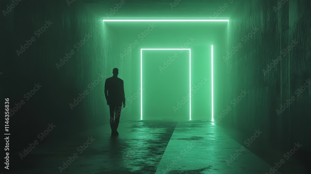 Obraz premium Vibrant neon lights illuminate a tunnel with colorful reflections creating a surreal atmosphere