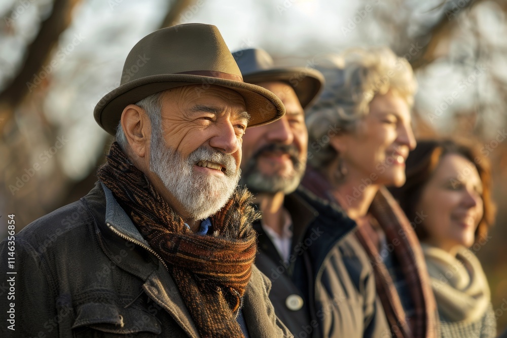 Group of senior friends walking in the park. They are wearing hats. Group of senior friends walking in the park. They are wearing hats.