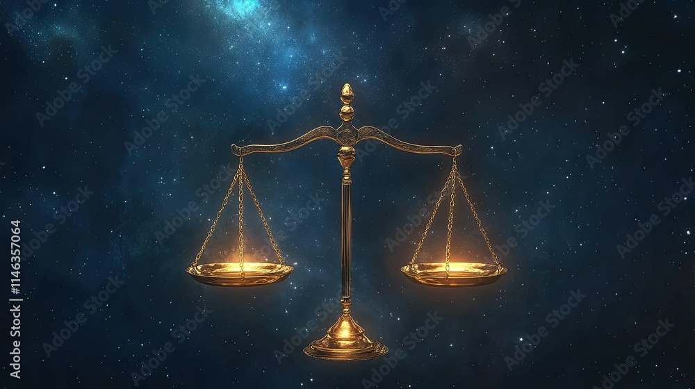A Stunning Representation of Justice Symbolized by a Golden Scale in a Cosmic Background, Highlighting the Concept of Balance and Fairness in the Universe A Stunning Representation of Justice Symbolized by a Golden Scale in a Cosmic Background, Highlighting the Concept of Balance and Fairness in the Universe