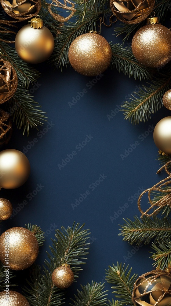 Elegant golden Christmas baubles and ornaments creating a festive frame against dark blue background, with fresh pine branches adding natural holiday charm and warmth. Elegant golden Christmas baubles and ornaments creating a festive frame against dark blue background, with fresh pine branches adding natural holiday charm and warmth.