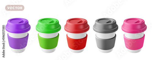 Vector illustration of set of realistic paper coffee cup with cap isolated on white color background. 3d style cartoon design of different color take away coffee cup. Street fast food and drink
