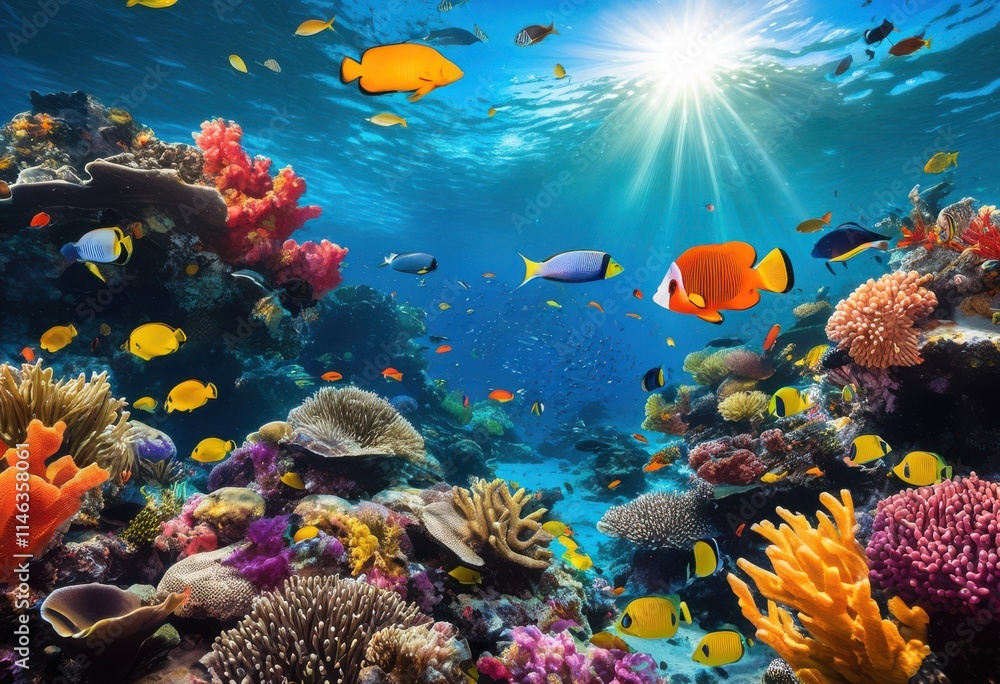 Fototapeta premium vibrant underwater scene featuring diverse marine fauna colorful coral reefs variety fish species lively aquatic environment, creatures, life, catalog