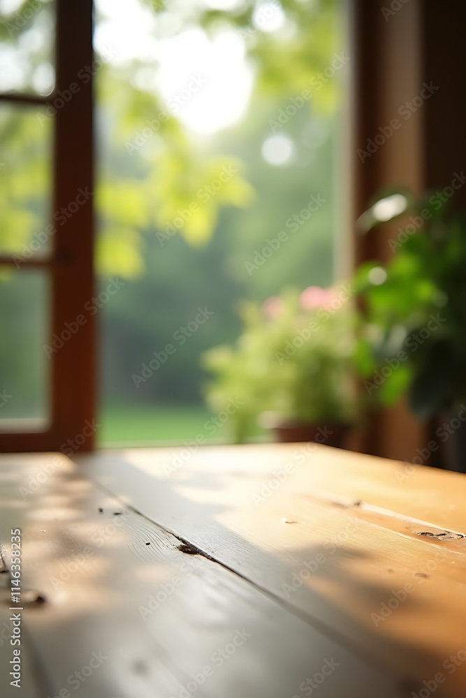 Wooden table top surface blends into a soft blur with the garden in view outside through the adjacent window._00001_ Wooden table top surface blends into a soft blur with the garden in view outside through the adjacent window._00001_