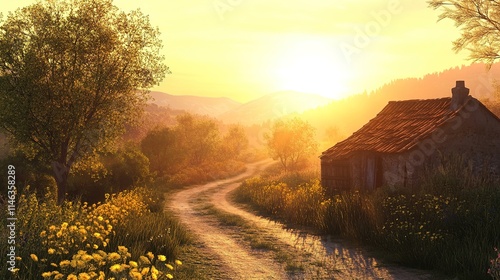 A rustic rural road at sunset, the last light of day illuminating the peaceful countryside photo