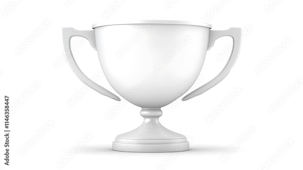 A white trophy with two handles stands on a base.
A white trophy with two handles stands on a base.