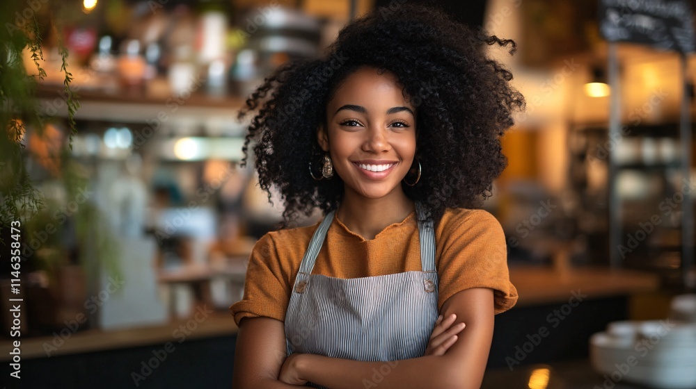 Smiling barista woman with afro hair is posing with crossed arms in coffee shop