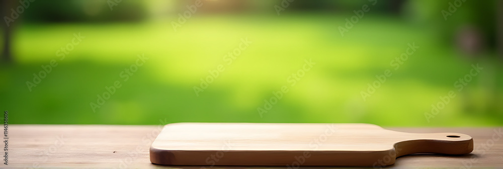 Wood countertop with a cutting board is in sharp focus while a blurred green lawn serves as the background._00003_ Wood countertop with a cutting board is in sharp focus while a blurred green lawn serves as the background._00003_
