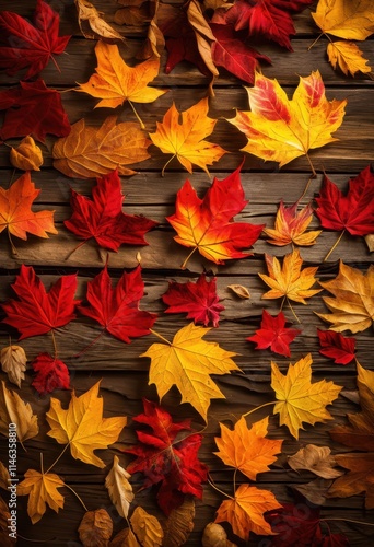 Wallpaper Mural vibrant autumn leaves scattered warm wooden surface creating colorful composition natural elements textures, fall, nature, season, landscape, orange, yellow Torontodigital.ca