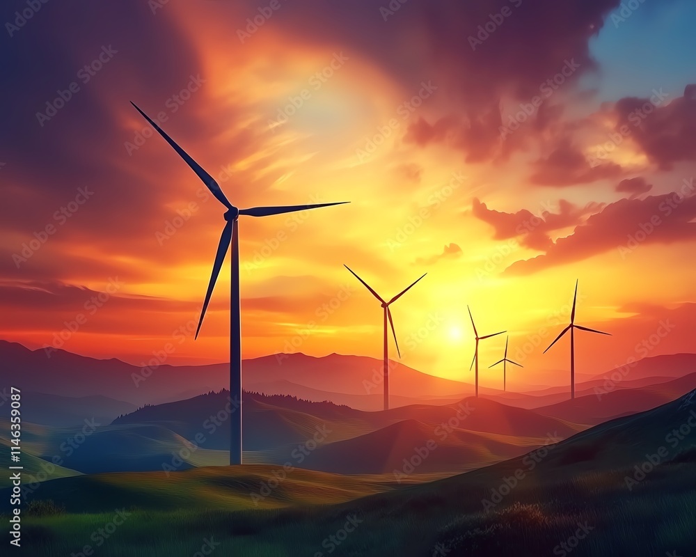 wind turbine farm set against a sunset sky in lush green mountains, turbines spinning gracefully, vibrant natural colors, peaceful and sustainable energy scene wind turbine farm set against a sunset sky in lush green mountains, turbines spinning gracefully, vibrant natural colors, peaceful and sustainable energy scene