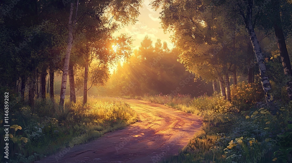 A rustic dirt road at sunset, with soft sunlight filtering through trees and illuminating the path A rustic dirt road at sunset, with soft sunlight filtering through trees and illuminating the path