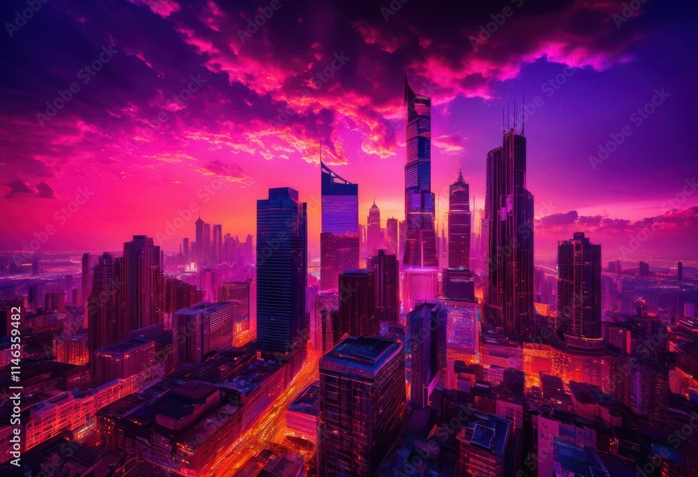 Fototapeta premium vibrant skyline silhouettes dusk horizon highlighted luminous colors radiant clouds, cityscape, twilight, lights, nightfall, architecture, view, urban