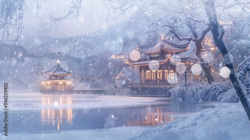 Illuminated traditional pavilion by frozen lake in snowy evening. Winter concept Seamless looping 4k time-lapse animation video background  photo