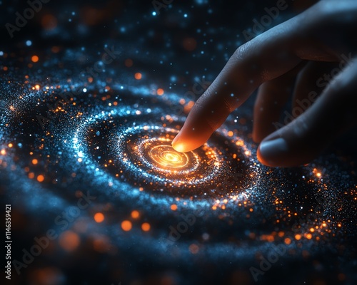 a finger interacting with the luminous center of a spiral galaxylike interface, symbolizing the initiation of cosmic communication networks, glowing light, digital cosmos photo