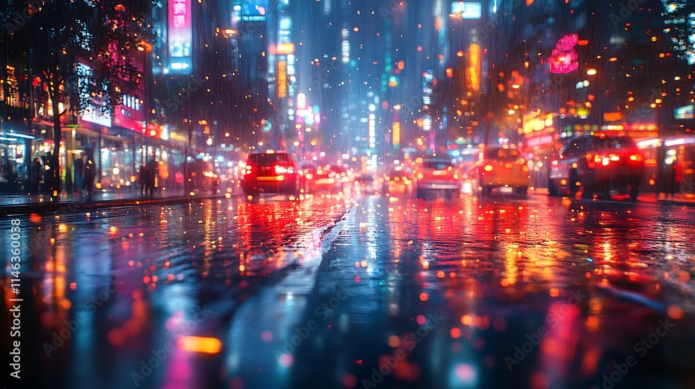 Obraz premium City Street Rain Night Traffic Lights Reflections