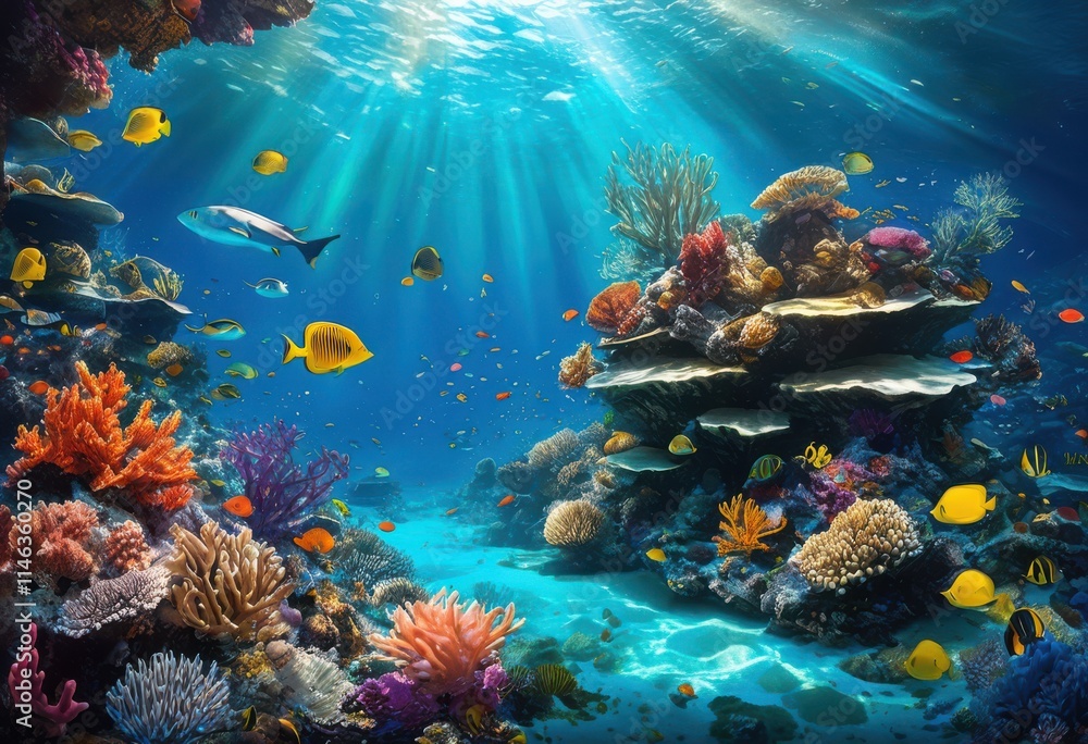 Obraz premium stunning underwater landscapes featuring vibrant coral diverse marine colorful lush aquatic flora creating breathtaking scenery, reef, fish, ocean, sea