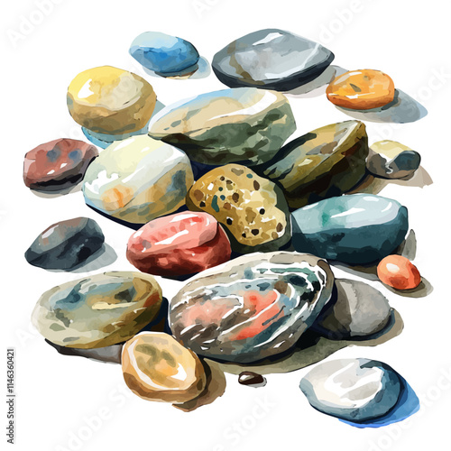 A watercolor drawing of a collection of beach pebbles in the sunlight, isolated on a white background. Beach pebbles vector.
