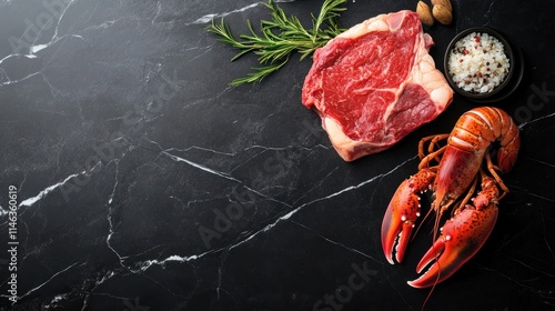 A selection of fresh meat and lobster on a dark marble surface, ideal for gourmet cooking.