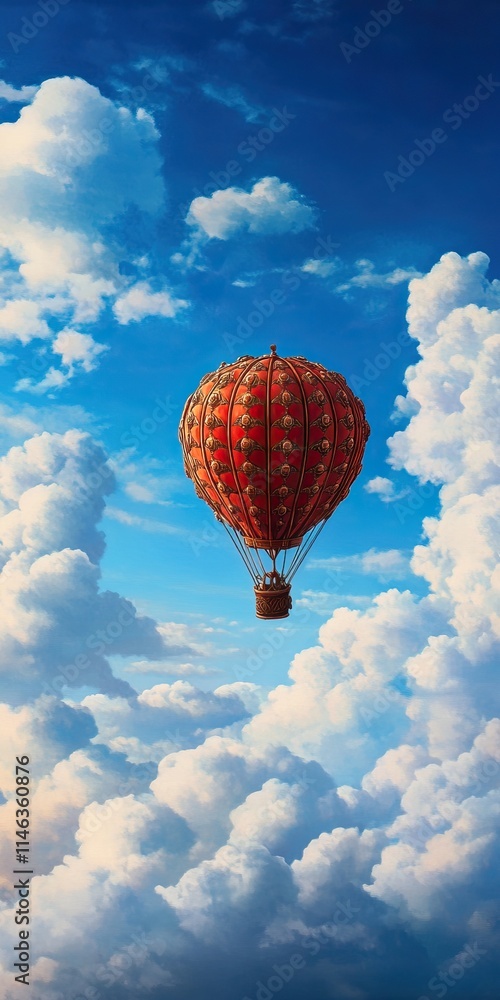 Fototapeta premium A vibrant hot air balloon floats among fluffy white clouds against a stunning blue sky.