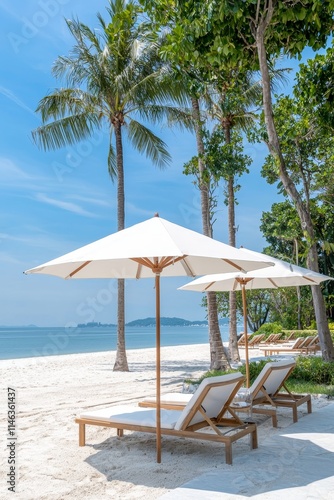 An opulent sunset over the infinity pool at a beachfront resort, surrounded by tropical scenery. A peaceful beach holiday vacation backdrop. Incredible island sunset beach view with palm trees.