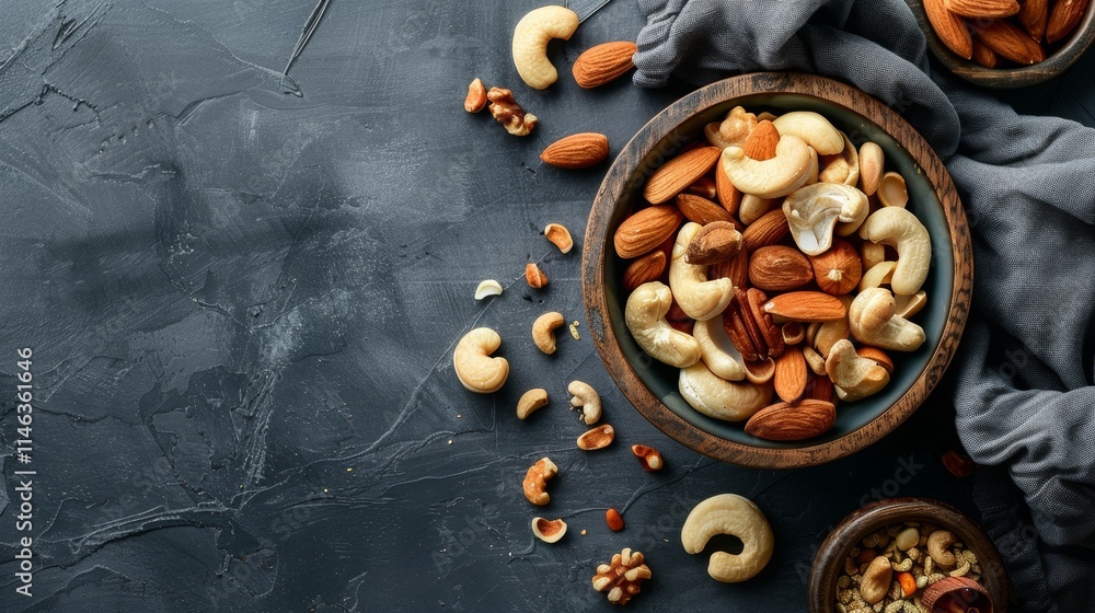 Bowl of mixed nuts on a dark textured surface Bowl of mixed nuts on a dark textured surface