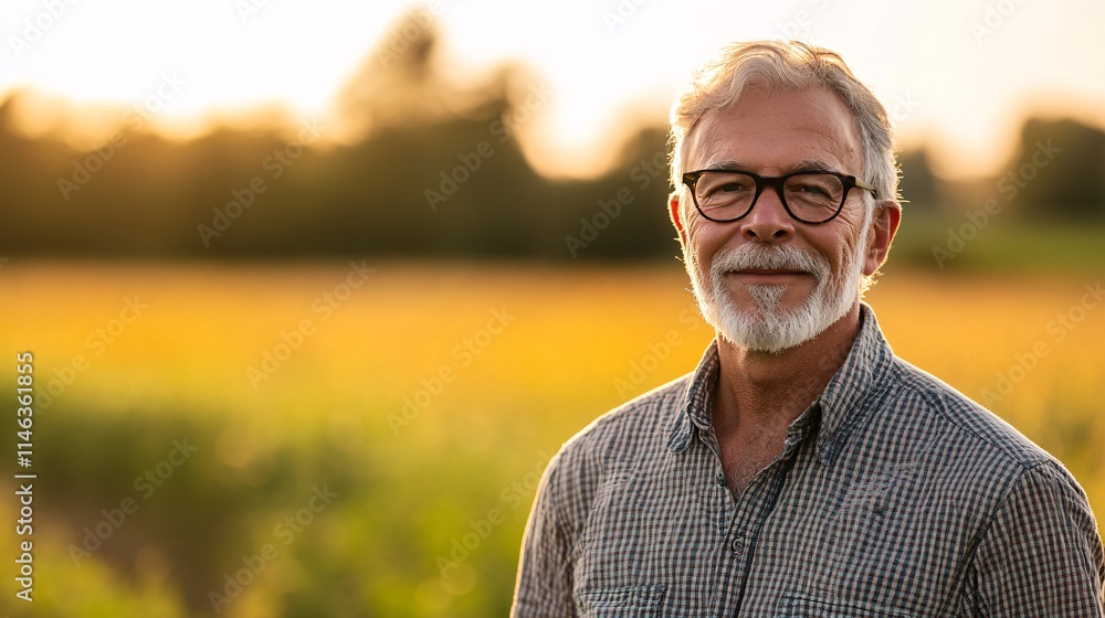 Senior farmer smiling at sunset in his field Senior farmer smiling at sunset in his field