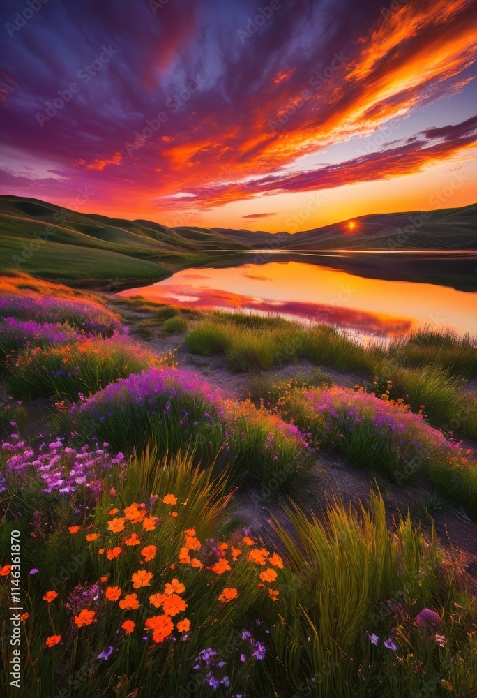 Fototapeta premium caressing tones vibrant sunset painting tranquil landscape dynamic motion over waves colorful hues, sky, water, colors, horizon, clouds, light, reflection