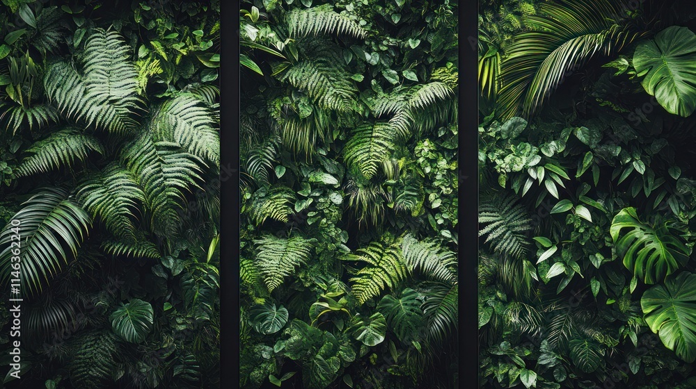 Naklejka premium Lush green vertical garden viewed through three panels.