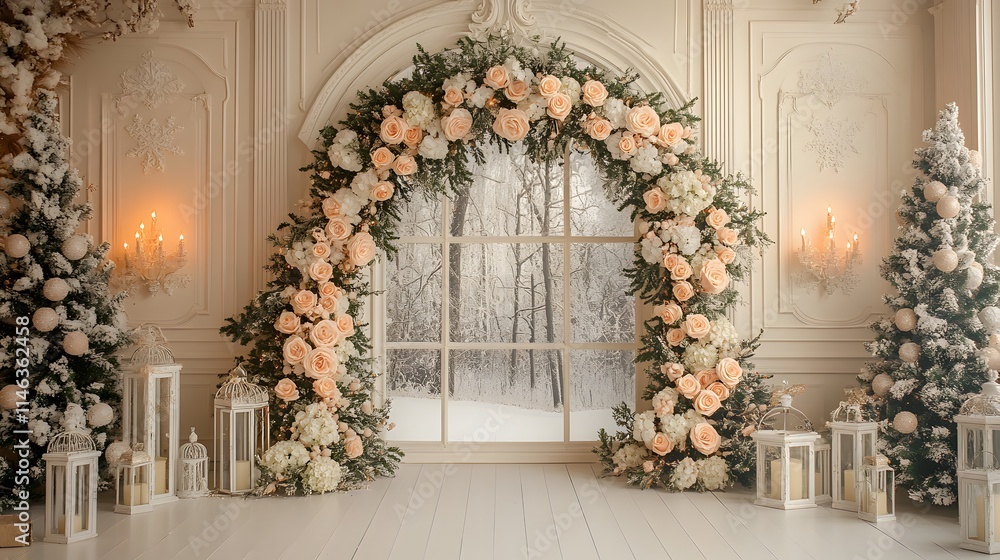 An elegant holiday interior features a luxurious white arch window, a floral arch with white and peach roses, decorative Christmas trees, and soft warm lighting, creating a festive, romantic atmospher An elegant holiday interior features a luxurious white arch window, a floral arch with white and peach roses, decorative Christmas trees, and soft warm lighting, creating a festive, romantic atmospher