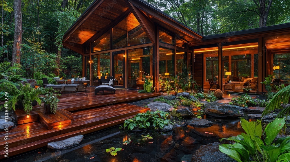 Luxurious modern wood house with pond and deck at night. Luxurious modern wood house with pond and deck at night.