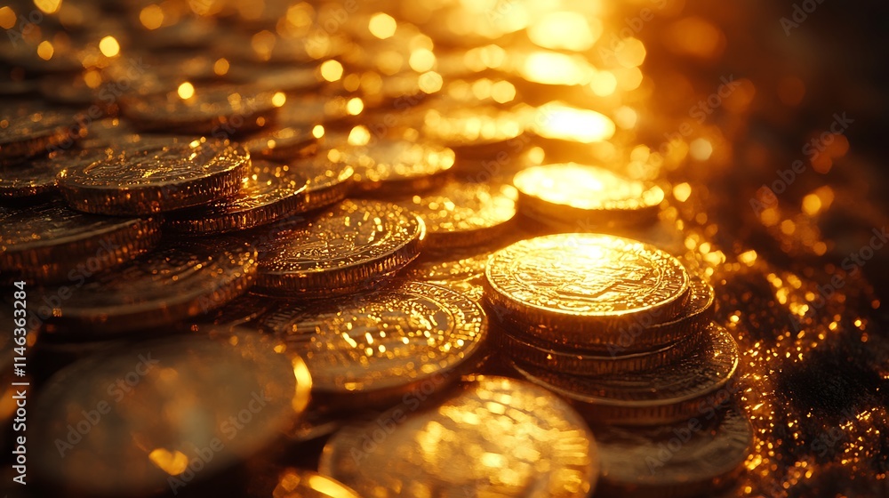 Golden Coins Stacked High Reflecting Light
