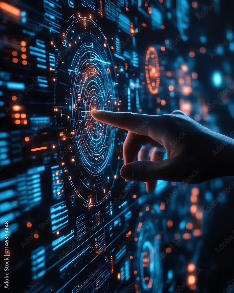 Fototapeta premium hands interacting with a futuristic digital interface, representing technology, data processing, and innovation, glowing holographic elements, hightech environment