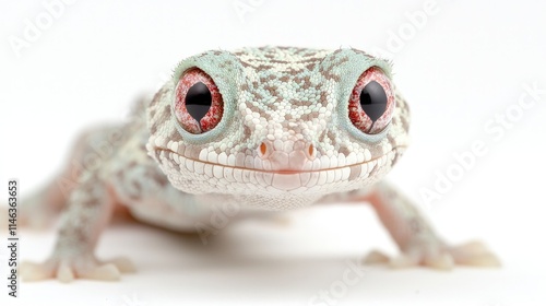 Close-up of a cute gecko with red eyes and speckled skin on white background.