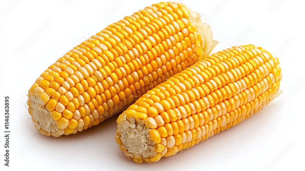 Two Freshly Harvested Yellow Corn Ears on White Background Two Freshly Harvested Yellow Corn Ears on White Background