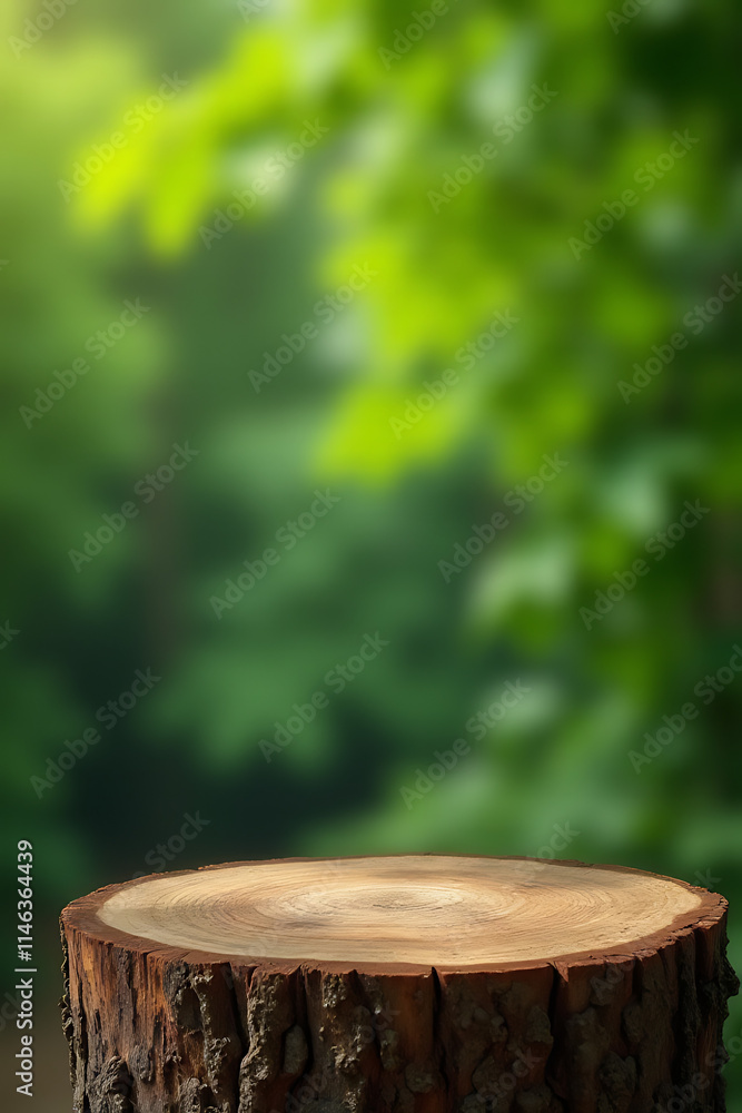 The selective focus is on an old tree stump tabletop against a blurred green background of foliage._00003_ The selective focus is on an old tree stump tabletop against a blurred green background of foliage._00003_