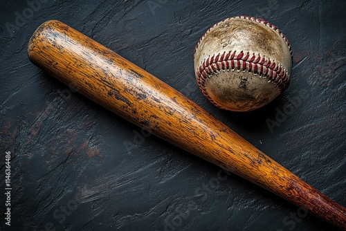 Baseball equipment with bat, glove, and ball arranged on field photo