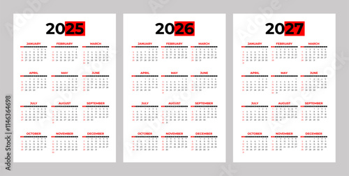 Set of 2025 2026 2027 Basic Calendar in White Background