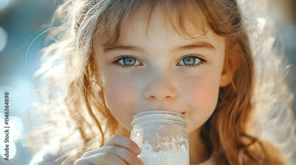 Girl Drinking Milk Realistic Photo