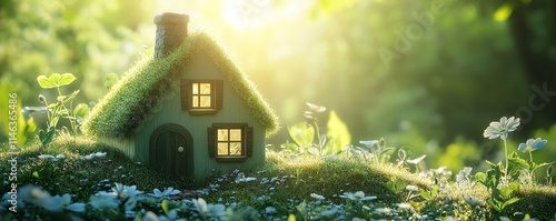 small grasscovered house, glowing in sunlight, nestled in a vibrant green landscape, representing sustainability, ecofriendly design, natural harmony photo