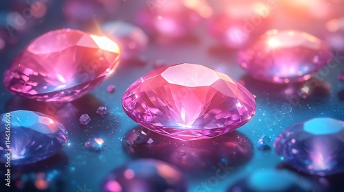 Close-up of vivid gemstones on a reflective mirrored surface
