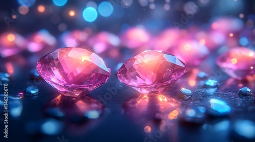Close-up of vivid gemstones on a reflective mirrored surface