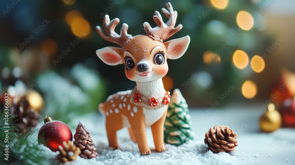 Cute reindeer figurine decorates a festive holiday scene with pine cones and ornaments Cute reindeer figurine decorates a festive holiday scene with pine cones and ornaments