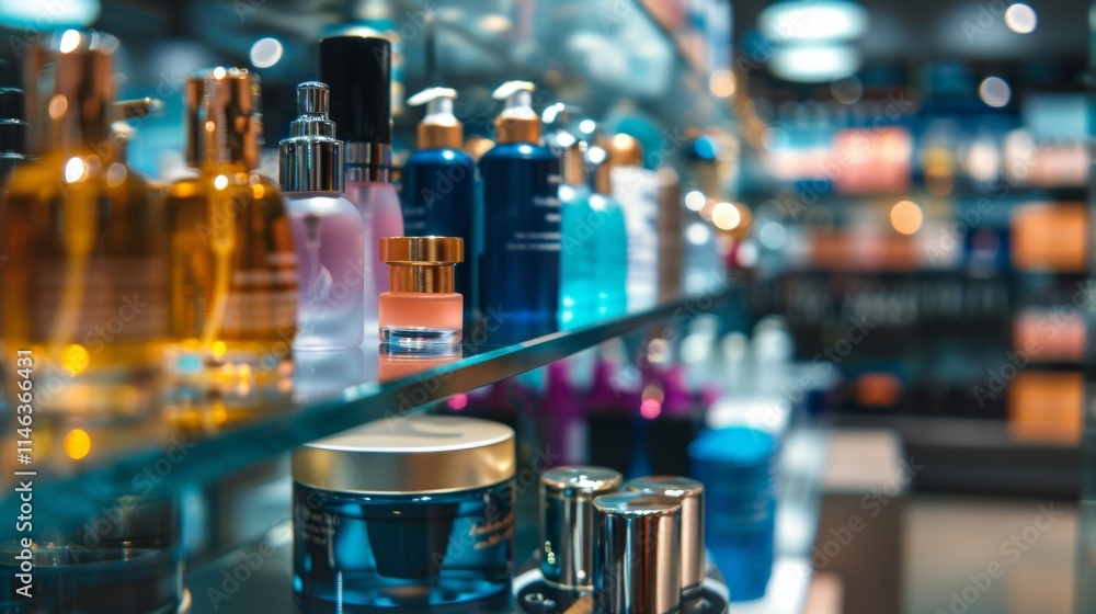 Perfume bottles displayed on reflective glass shelves Perfume bottles displayed on reflective glass shelves