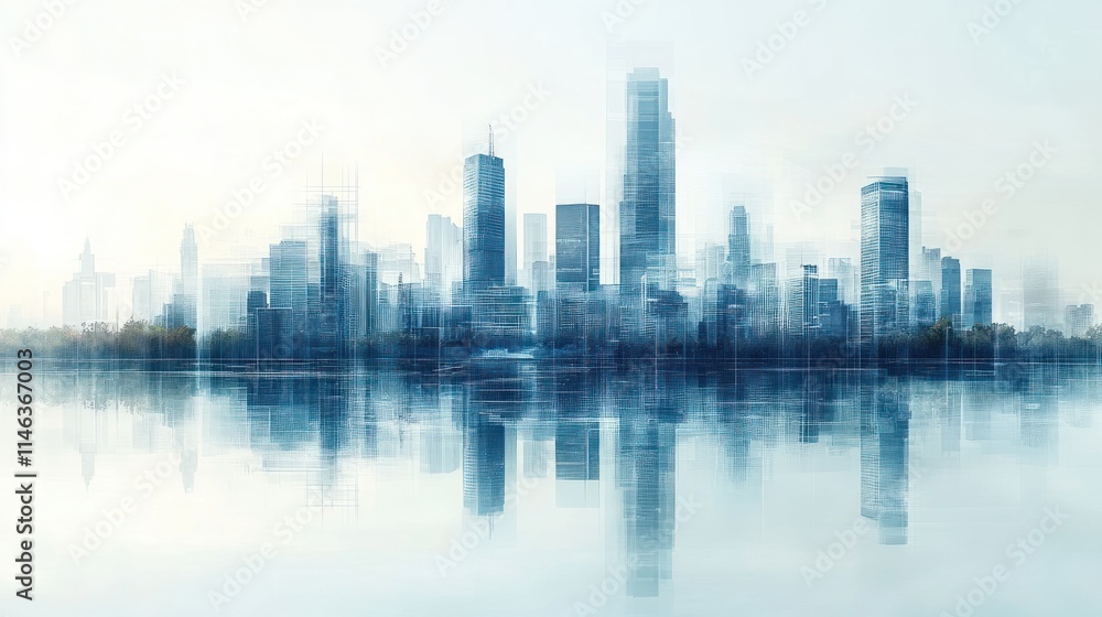 Modern city skyline reflected in calm water. Modern city skyline reflected in calm water.
